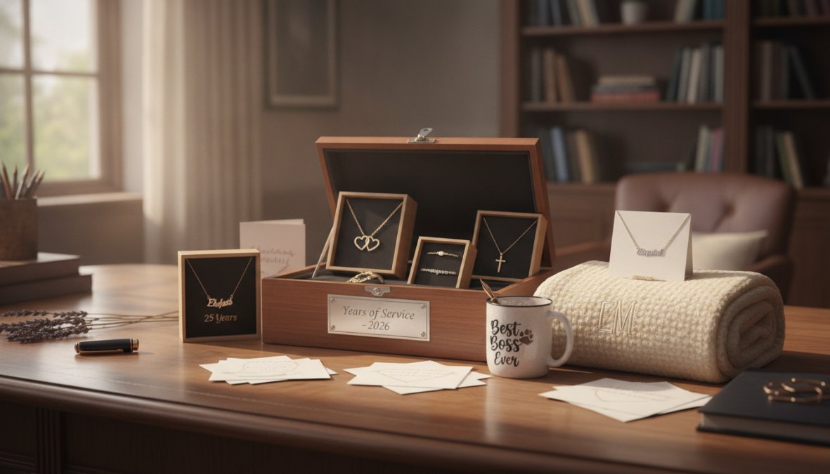 Close-up of an engraved name necklace and personalized watch displayed on a wooden surface with soft natural lighting, emphasizing custom details and quality craftsmanship