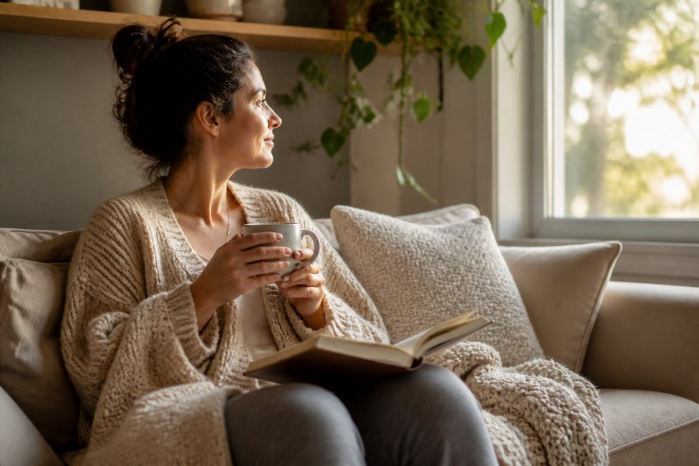 Parent sitting peacefully on couch with warm mug in hands, journal open on lap, soft natural light streaming through window, cosy knit blanket draped nearby, showing a quiet moment of calm and self-reflection