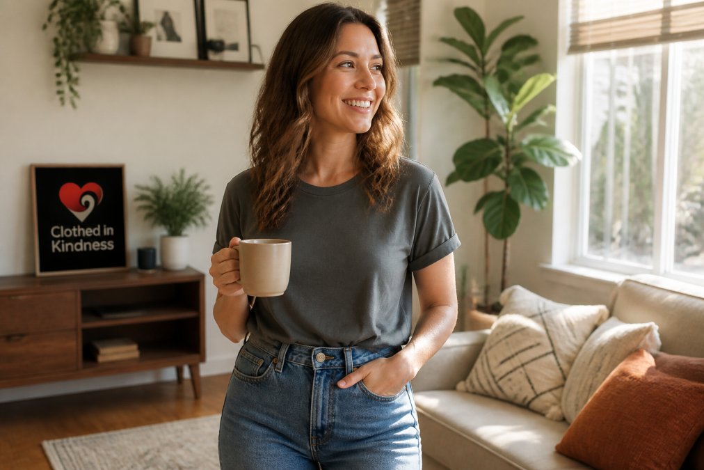 Woman in a relaxed-fit graphic tee and jeans holding a coffee mug in a sunlit living room