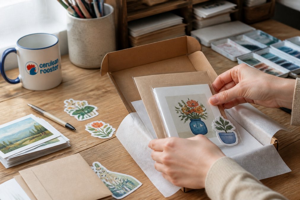 Hands carefully packing a handmade greeting card and vinyl sticker bundle at a wooden studio desk, with art supplies and finished designs visible in soft natural light