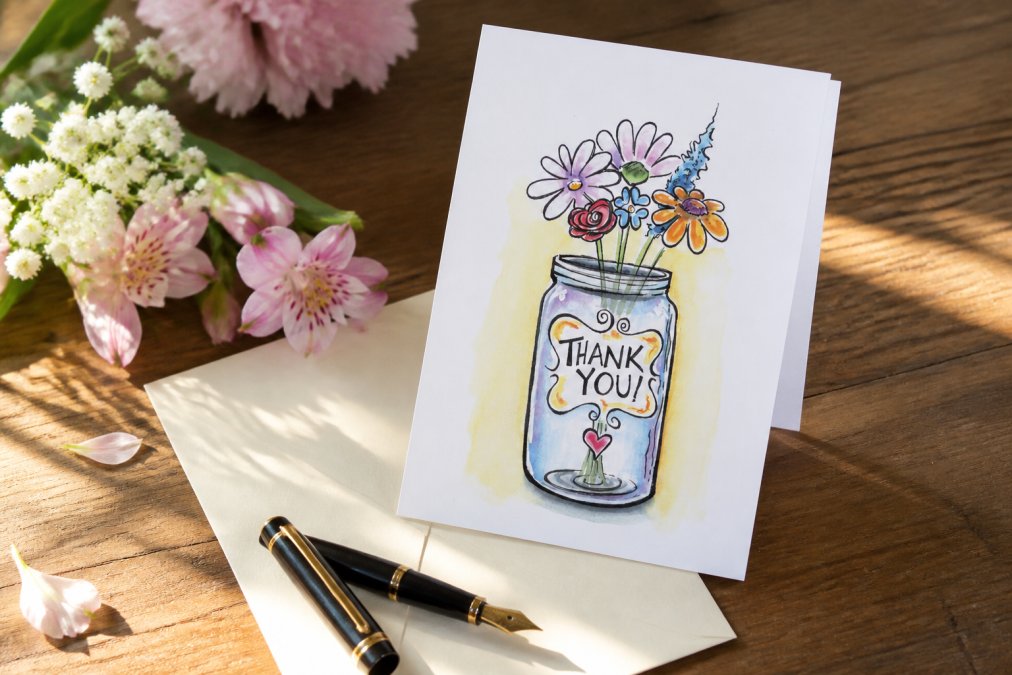 Close-up of a handwritten thank you card with colorful watercolor illustration, fountain pen resting on cream cardstock, fresh flowers and natural sunlight streaming across wooden table