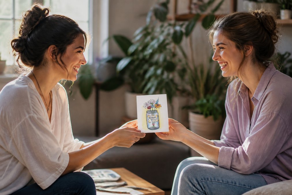 Two friends exchanging a handmade greeting card with genuine smiles and warmth, hands meeting mid-exchange, soft natural window lighting creating intimate connection