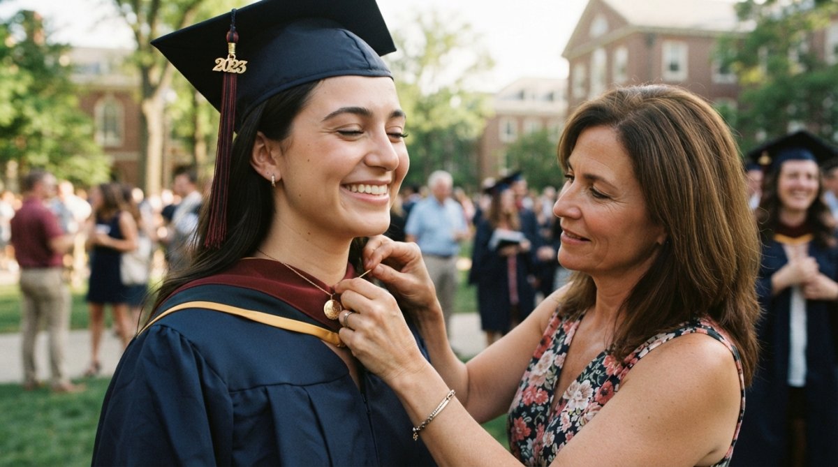 Young woman wearing an engraved graduation necklace with delicate charm bracelet, smiling with natural sunlight highlighting the jewelry details and her expression of joy