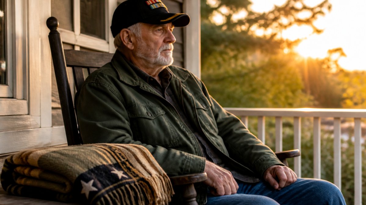 A Vietnam veteran wearing an embroidered cap sitting on a porch with a folded throw blanket beside him, warm late-afternoon light
