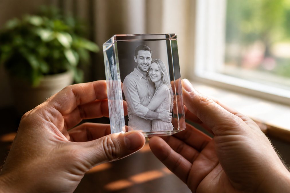 Close-up of hands holding a finished laser-engraved crystal keepsake displaying a couple's anniversary photo, with natural light highlighting the 3D depth and clarity of the engraving