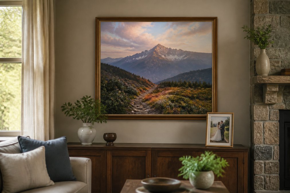 Original oil painting of a mountain landscape displayed as one of the meaningful wedding gifts in a cozy living room.