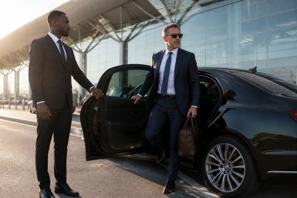 Professional business traveler in a tailored suit stepping out of a luxury black sedan at an airport terminal entrance, with a driver holding the door, morning sunlight illuminating the modern terminal building in the background