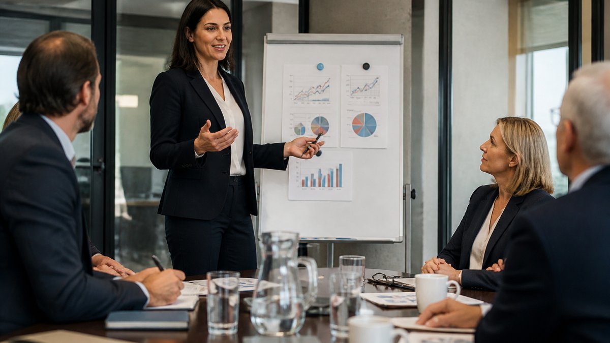 Business professional presenting customer satisfaction and revenue data to executives in a conference room with charts and metrics visible on a screen behind them