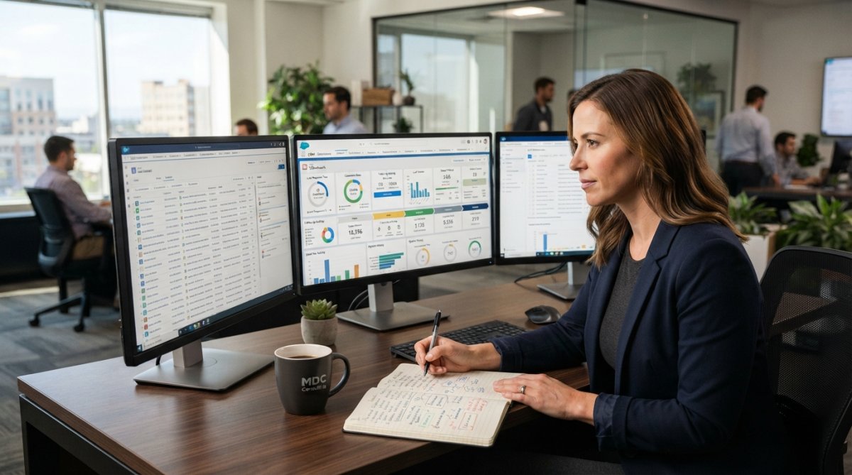 Sales professional reviewing lead metrics on multiple monitors in modern office, with notebook and coffee on desk showing real CRM data on screen