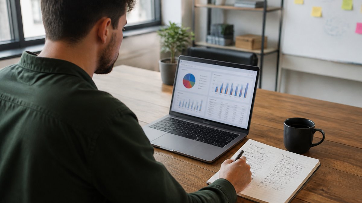Startup founder reviewing social media analytics dashboard on laptop screen with notebook showing ROI calculations and performance metrics, natural office lighting with coffee cup nearby