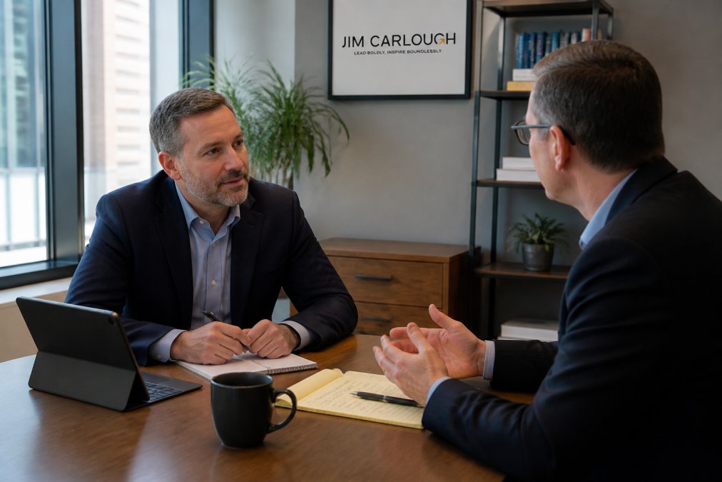 Senior leader engaged in one-on-one coaching session with coach at table with notes and tablet, natural office lighting, focused discussion