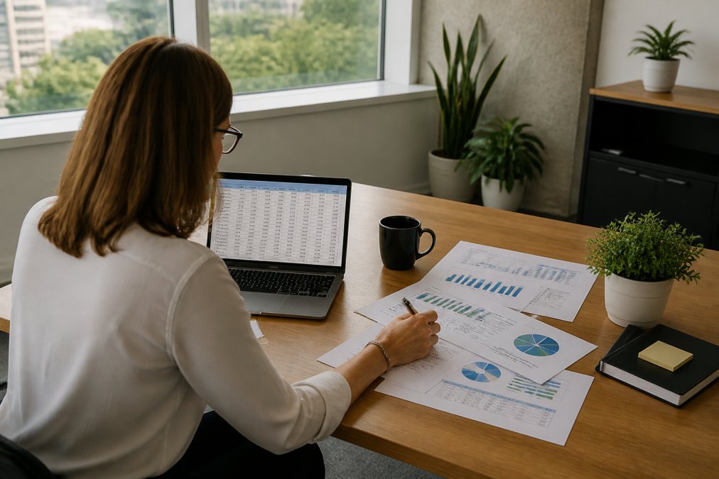 Professional reviewing sales metrics and ROI data on laptop at desk with printed reports and dashboard visible, natural office lighting
