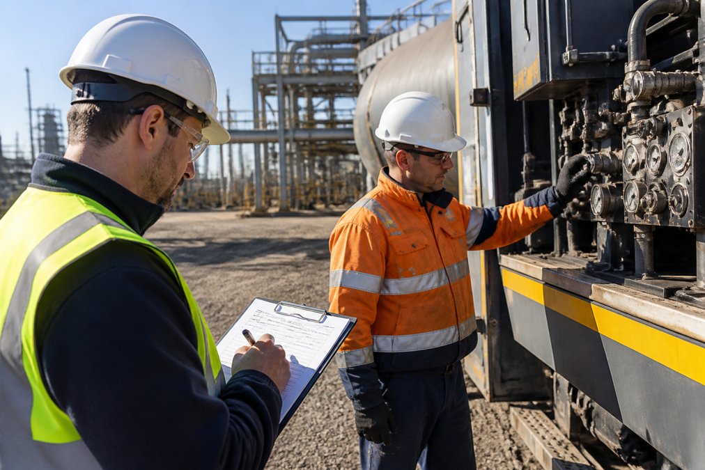 A manager in a high-visibility vest observing and taking handwritten notes on a clipboard while a team member demonstrates equipment operation on an industrial worksite under bright morning sunlight