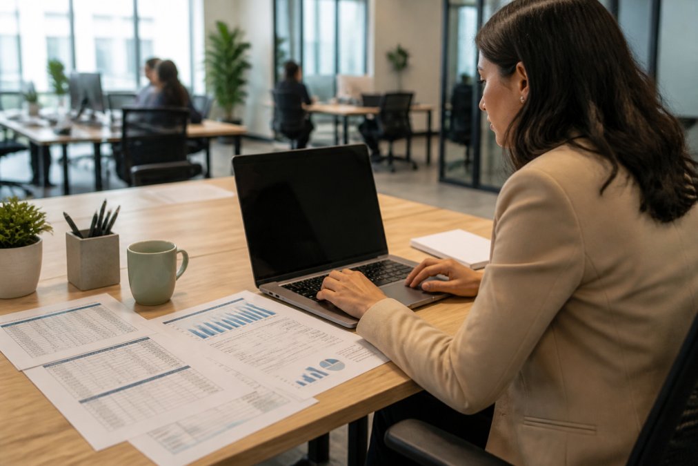 An HR professional in business casual attire reviewing survey results and employee data on a laptop screen at a clean corporate desk, with printed reports spread beside the laptop in a modern open-plan office