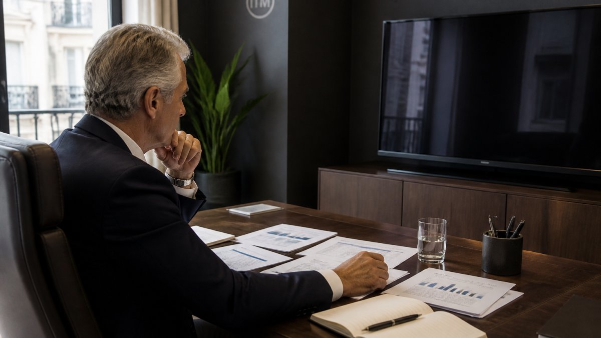 A senior family office executive reviewing a performance dashboard on a large monitor in a modern, understated private office, with printed reports and a notebook on the desk