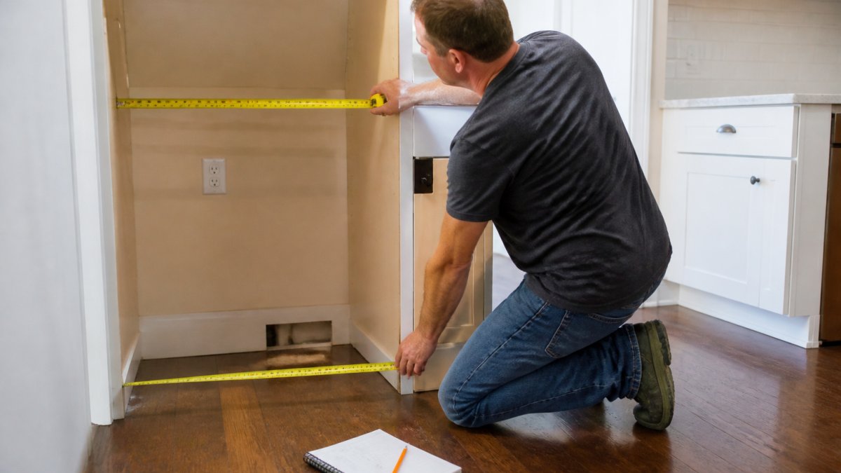 Homeowner measuring the width of a cabinet cutout for a new french door refrigerator at multiple points