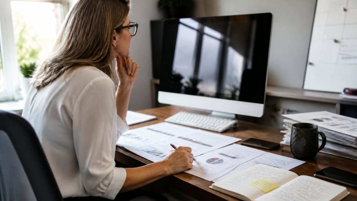 Professional at desk reviewing marketing performance dashboard on computer monitor, with printed KPI reports and strategy notes visible, natural office lighting