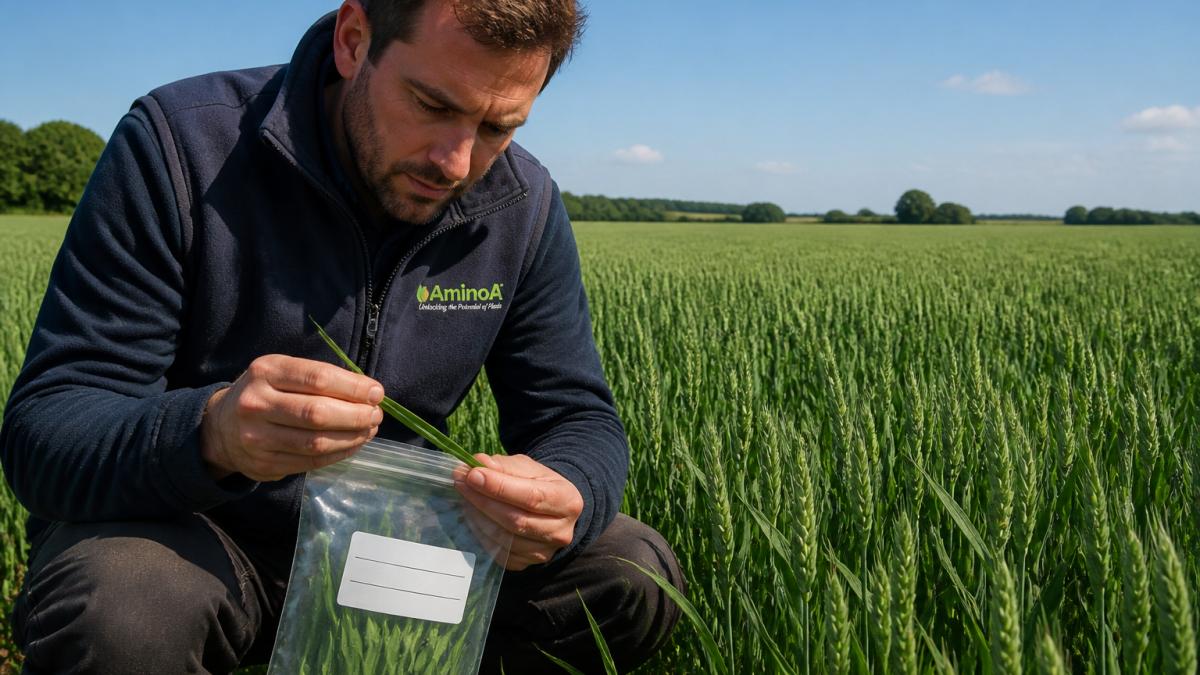 Agronomist collecting leaf samples from a mature wheat crop in a field, holding a labelled sampling bag with visible green leaf blades and crop canopy in the background