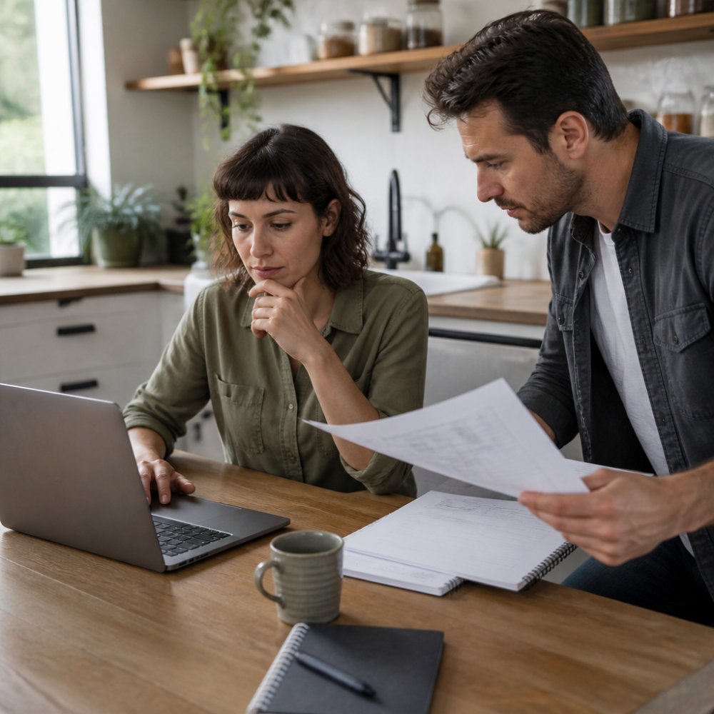 A revenue operations manager working through a cost and revenue model on a laptop in a bright office, with a colleague reviewing a printed account list beside them