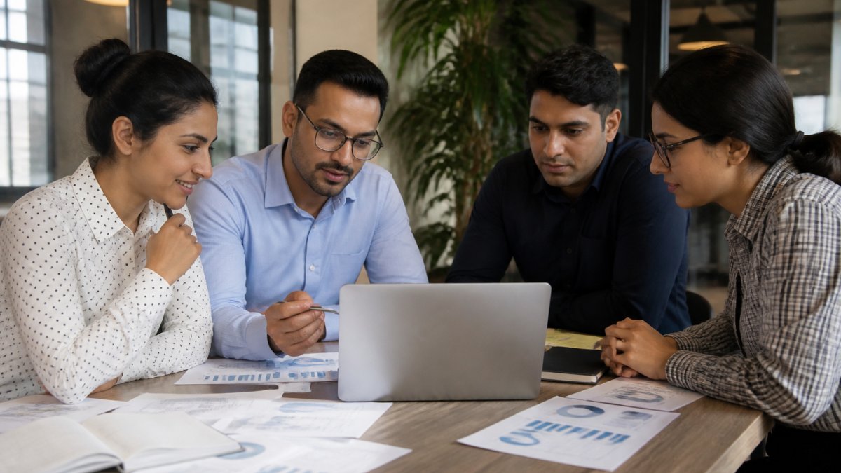 A business team reviewing campaign analytics and data reports on a laptop at a conference table.