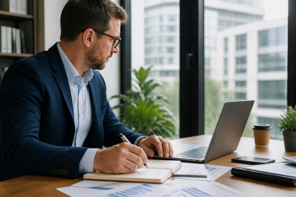 Professional business manager reviewing performance metrics and training ROI calculations on laptop at desk with spreadsheets and notes visible