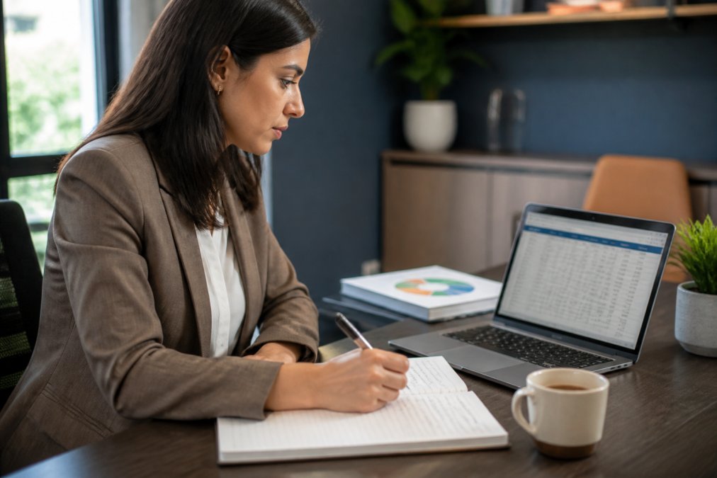 HR professional calculating data for measuring ROI of DISC training programs in business on a spreadsheet.