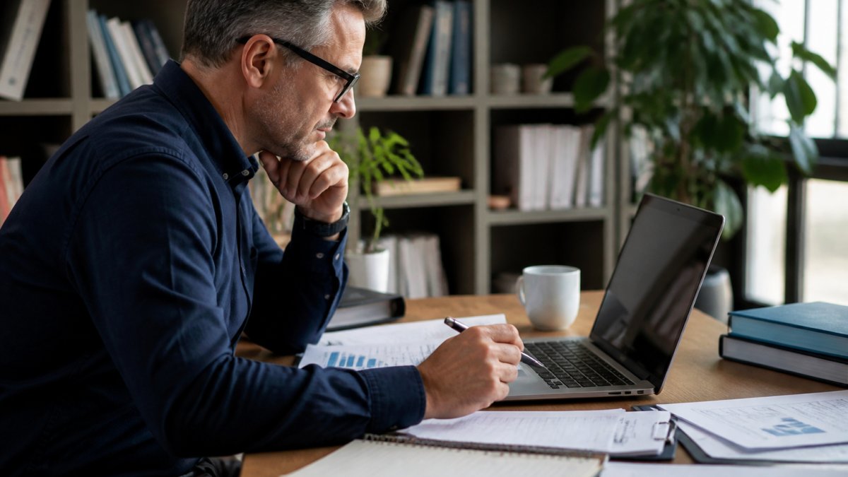 Professional reviewing performance metrics and data for measuring ROI of leadership coaching on a laptop
