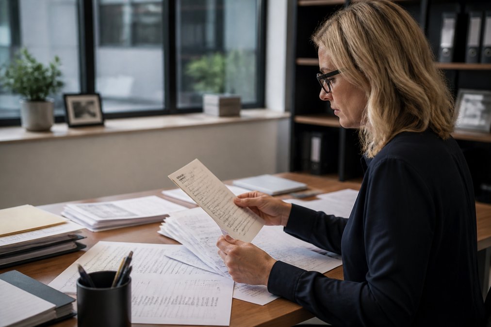 Professional marketing director at desk reviewing handwritten letters and digital analytics on dual monitors, with campaign spreadsheets, customer data, and ROI calculations visible on screen