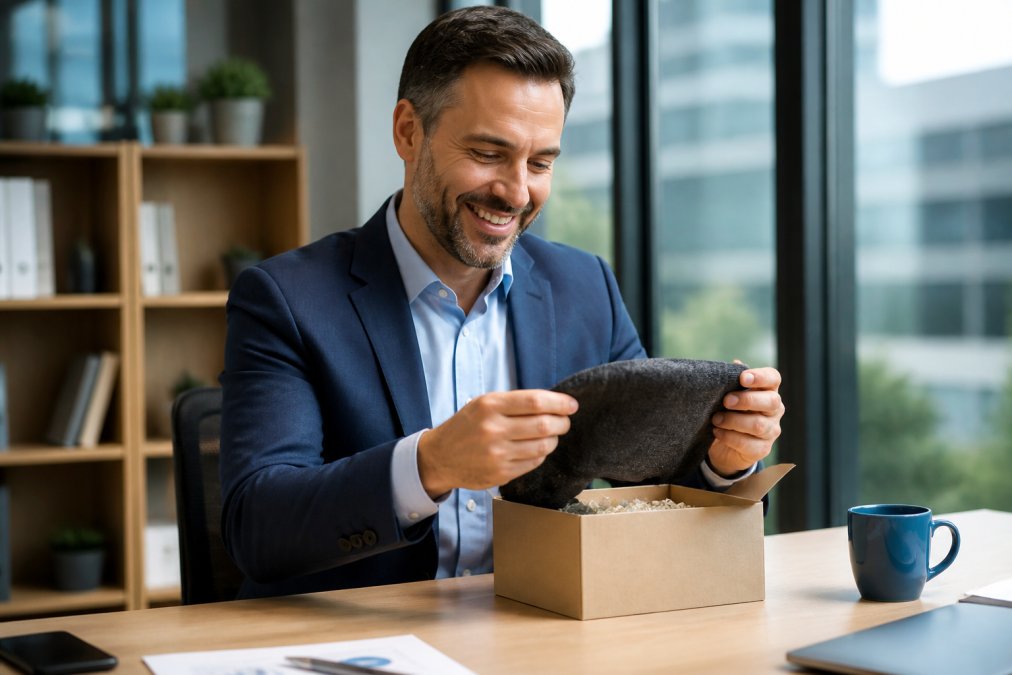 Business professional opening a personalized gift at their desk with genuine smile, modern office environment with natural lighting in background