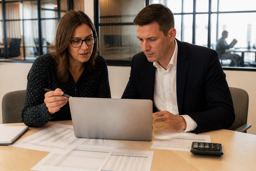 An L&D manager and a finance colleague reviewing training cost data and performance metrics on a laptop in a bright meeting room, with printed spreadsheets and a calculator on the table