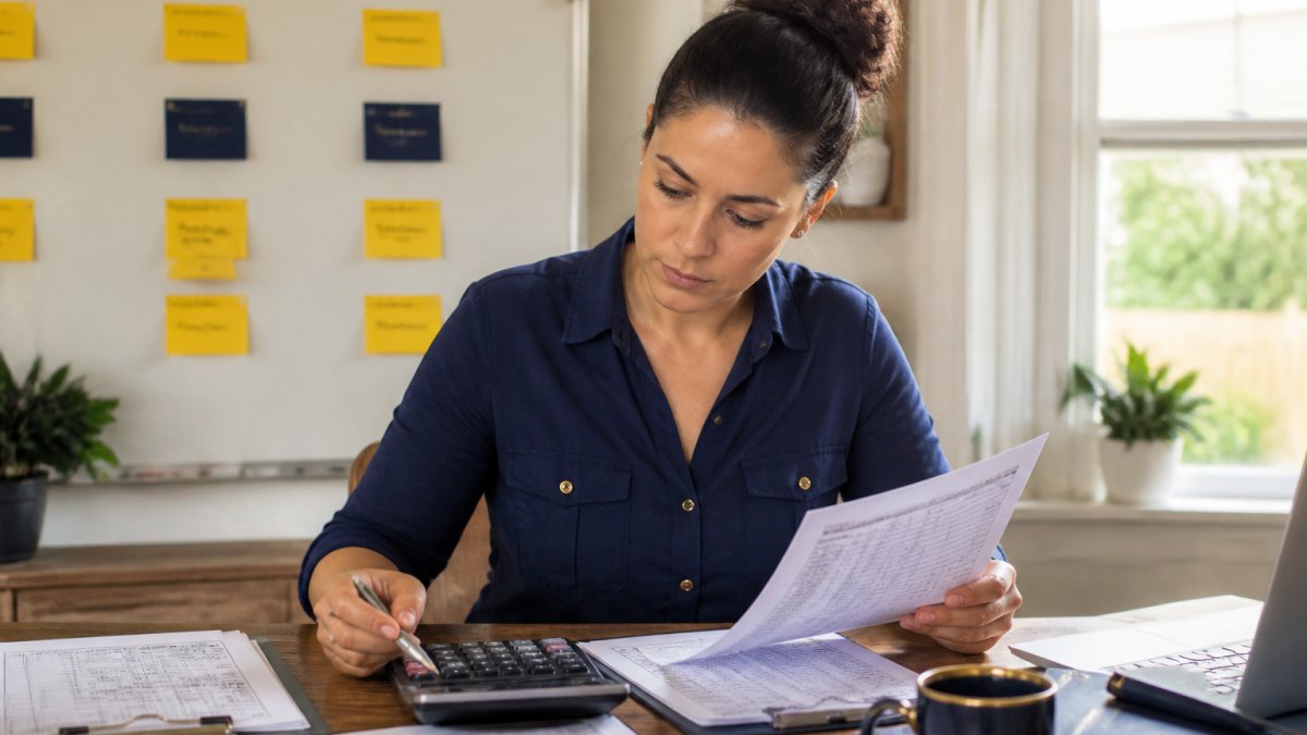 A small business operations manager reviewing printed timesheet data beside a laptop calculator in a bright home office, sticky notes on a whiteboard behind showing task names and hourly estimates