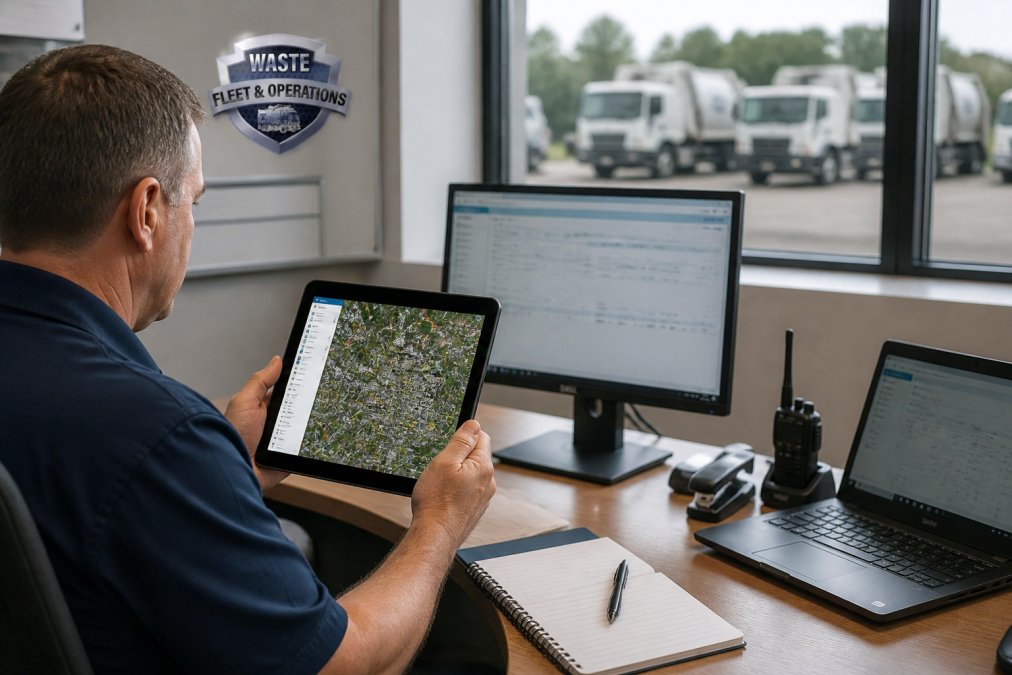 Fleet manager using telematics data for waste fleet training on a digital map display