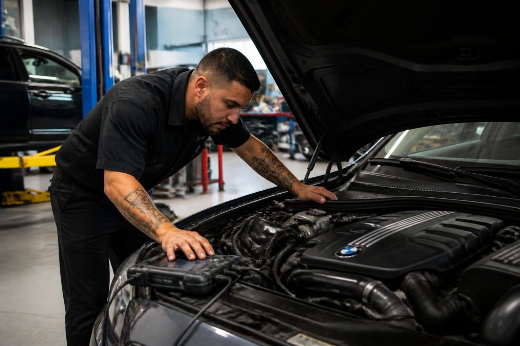 Mechanic inspecting the engine of a luxury sedan in a professional repair shop