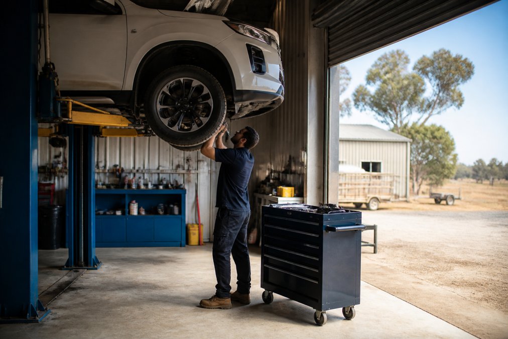 A mechanic in a clean workshop bay inspecting a car raised on a hoist, tool trolley beside him, natural daylight streaming through an open roller door, regional Australian setting