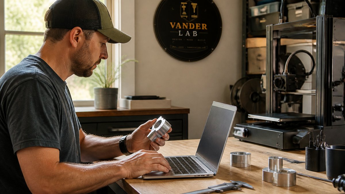 Maker reviewing a CAD model for mechanical design services on a laptop in a home fabrication lab.