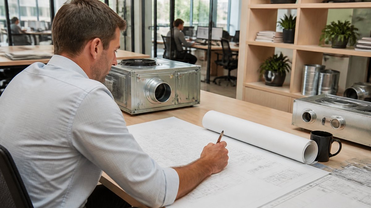 Mechanical engineer reviewing HVAC energy modeling and 3D CAD designs to bridge mechanical design vs engineering.