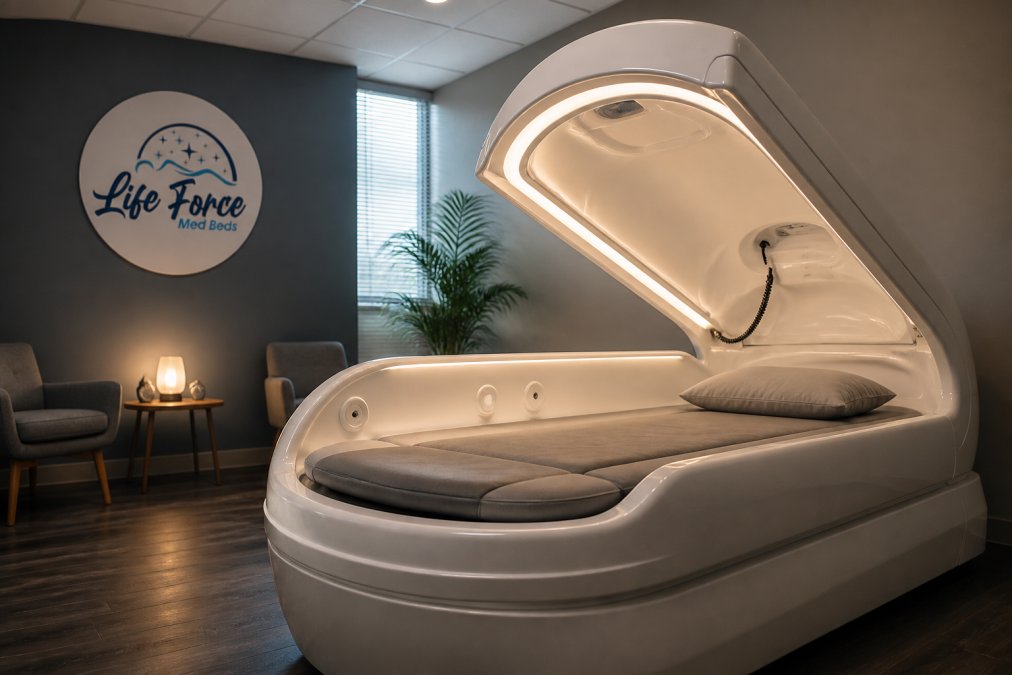 Modern wellness facility with Life Force MedBed system in clinical setting, showing integrated pod design with soft ambient lighting and professional medical environment