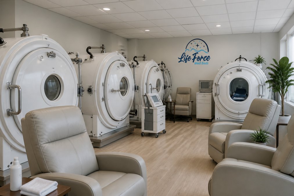 Interior of multi-patient hyperbaric chamber facility showing comfortable seating arrangement, medical monitoring equipment, and professional medical environment with clinical lighting