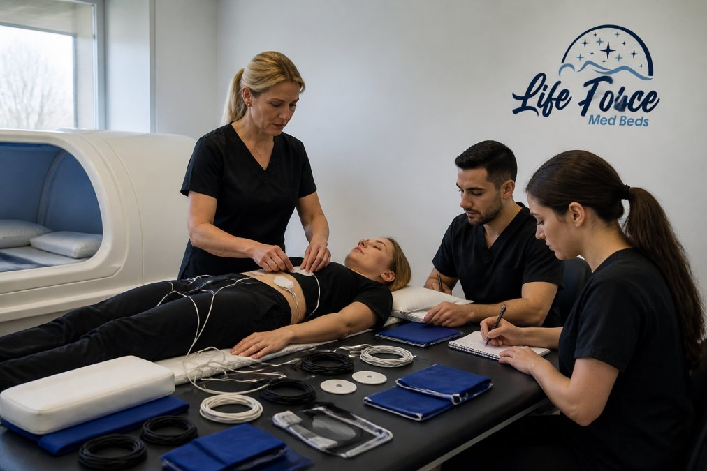 Professional demonstrating med bed training technique in modern clinical setting with natural lighting