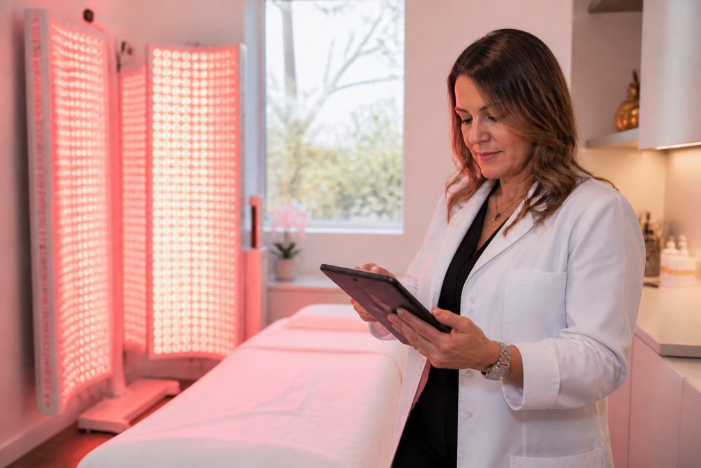 A med spa owner in a white coat reviewing financial reports on a tablet, standing in a bright treatment room with red light therapy panels glowing softly in the background