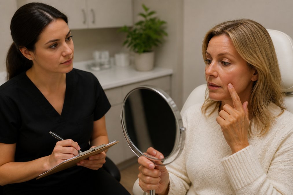 Woman in her forties consulting a nurse injector about fillers in a med spa vs dermatologist setting
