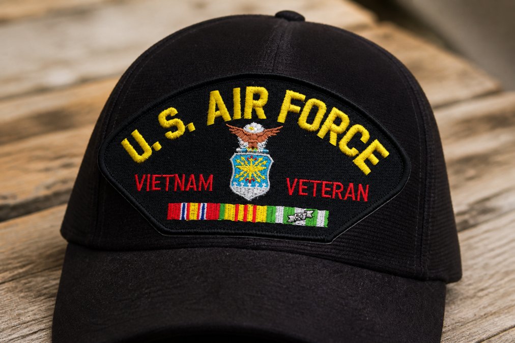 Close-up of detailed military embroidery stitching on a high-quality cap showing precise needle work and vibrant thread colors on structured fabric