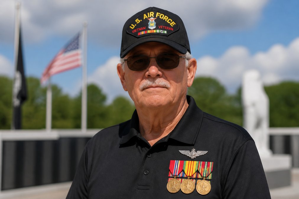 Veteran wearing branch-specific military cap and apparel with medals displayed respectfully, standing with dignified posture in natural daylight