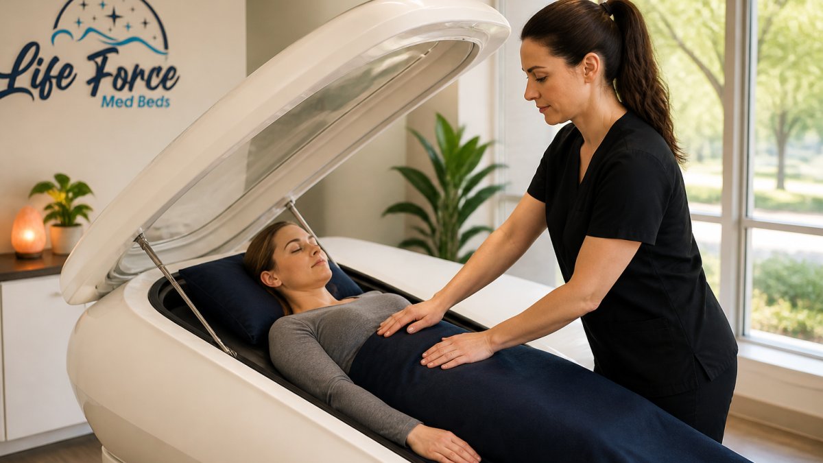 Professional demonstrating medbed spa technique in modern clinical setting with natural lighting