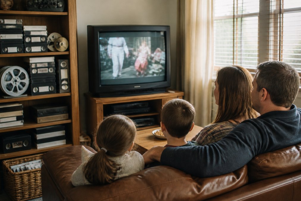Family members gathered around a television screen watching digitised home videos together, with stacks of aged VHS tapes and film reels visible on a wooden shelf beside them, warm afternoon light streaming through windows