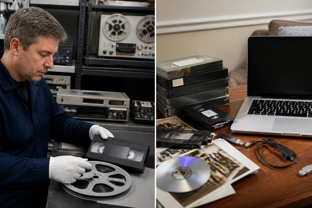 Professional technician wearing white gloves carefully handling a VHS tape and film reel at a digitisation workstation, surrounded by professional-grade equipment under bright studio lighting