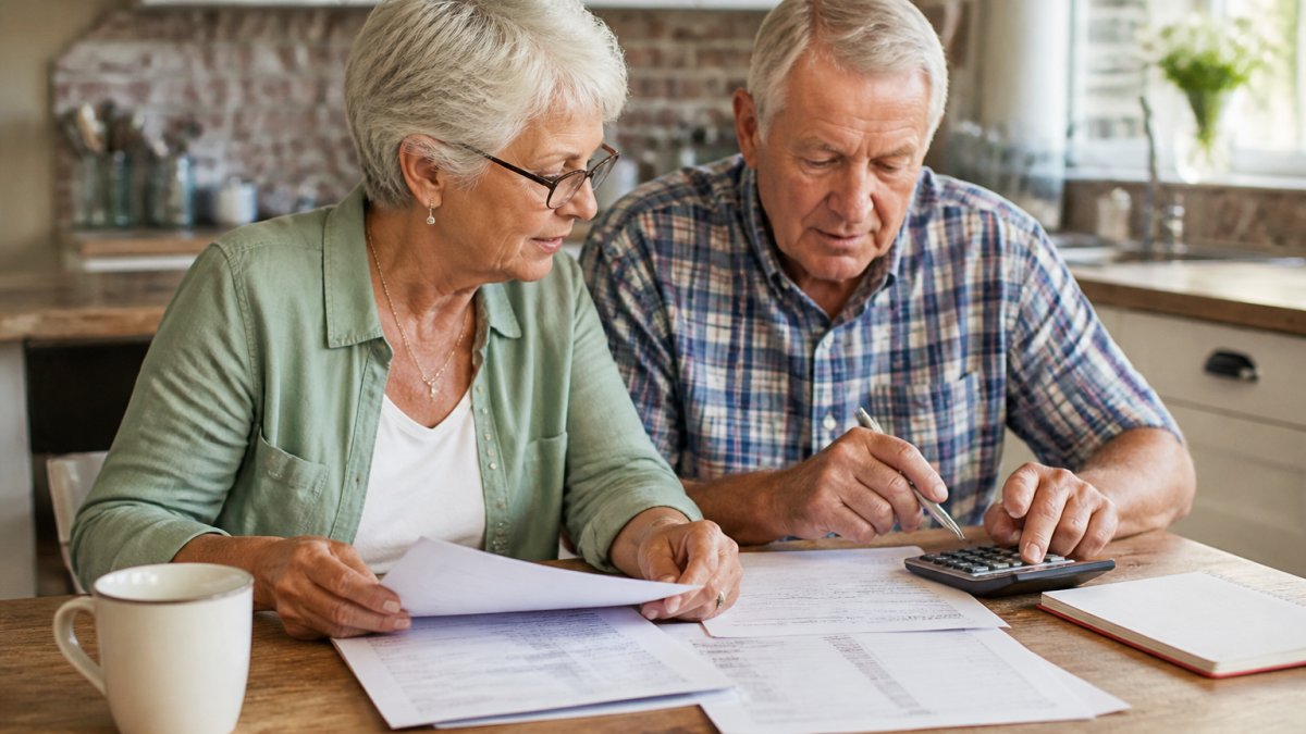 Older adult couple reviewing financial documents at kitchen table with calculator and papers, warm natural lighting, discussing long-term care planning