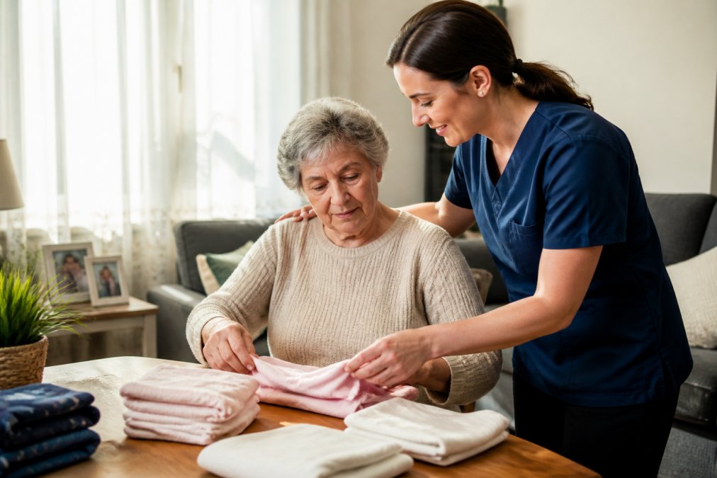 Home health aide assisting a senior with dementia during a medicaid waiver programs care visit