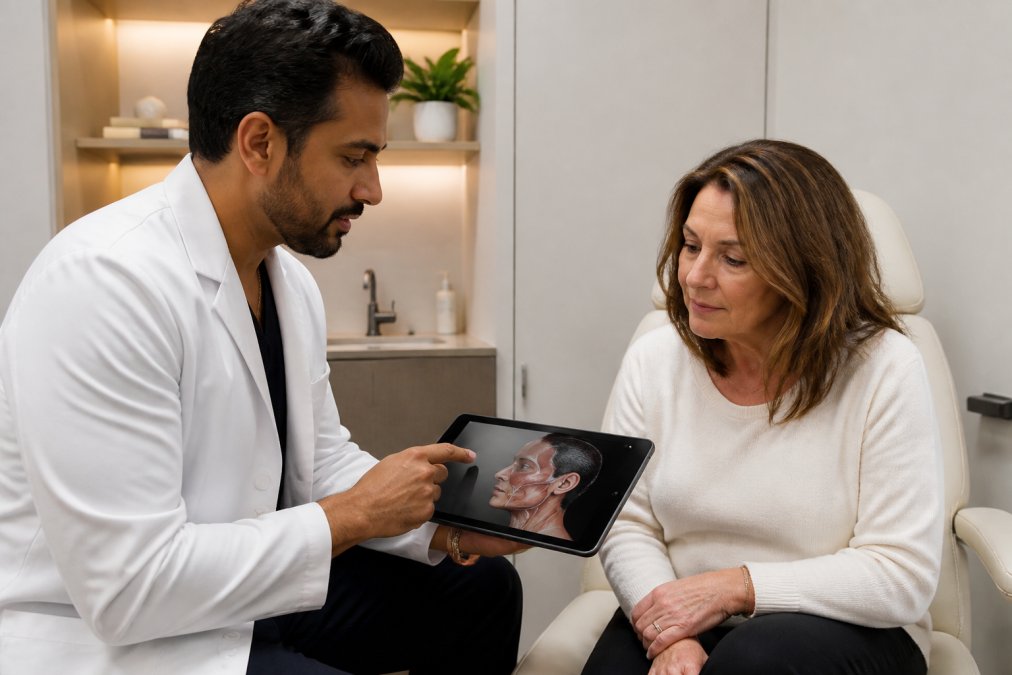 Physician and patient reviewing facial anatomy on a tablet during a medical aesthetics consultation process