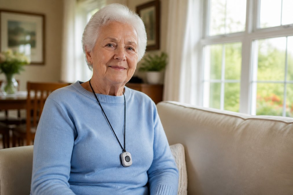 Senior adult wearing a pendant for medical alert systems without monthly fees while relaxing at home